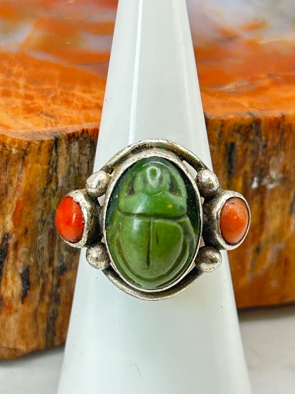 Antique Green Carved Scarab Ring with Coral Accents - Size 6